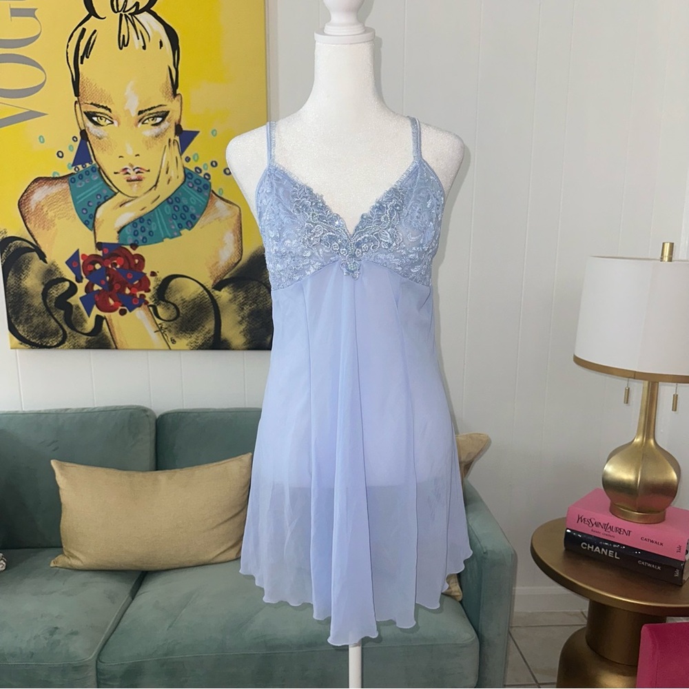 Vintage Ethereal Lace Beaded Sequin Baby Blue Slip Dress. Size L.